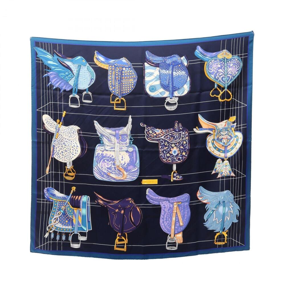 Hermes Carre 90 Tous en Selle Scarf/Muffler, Silk, Women's, Navy/Multicolor